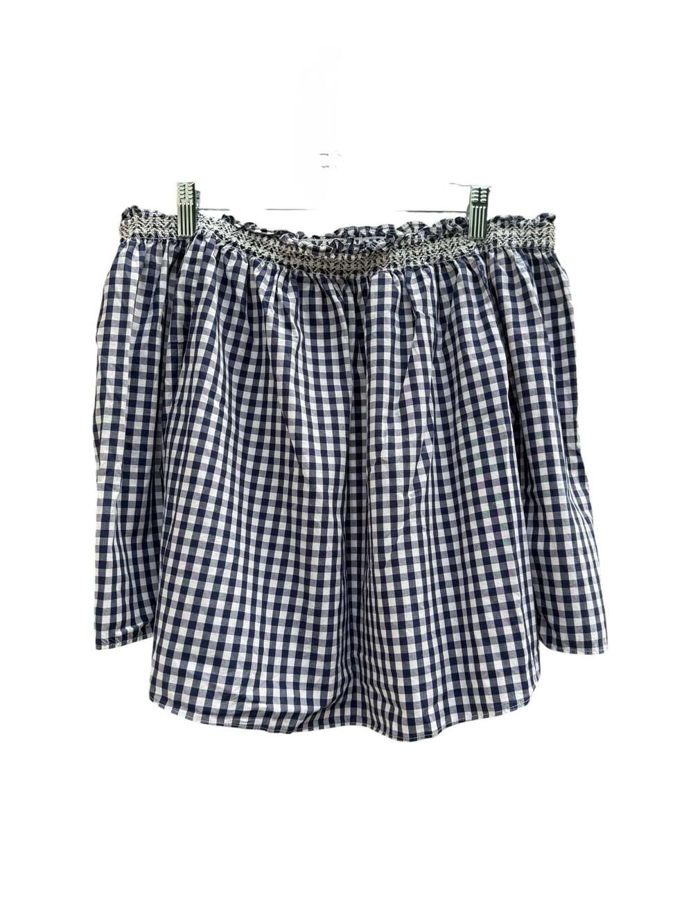 Madewell Navy and White Gingham Smocked Off-the-Shoulder Top